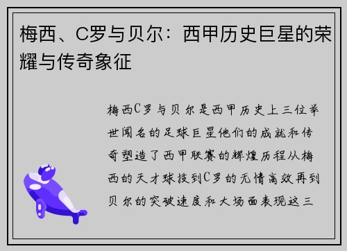 梅西、C罗与贝尔:西甲历史巨星的荣耀与传奇象征 梅西、C罗与贝尔:西甲历史巨星的荣耀与传奇象征