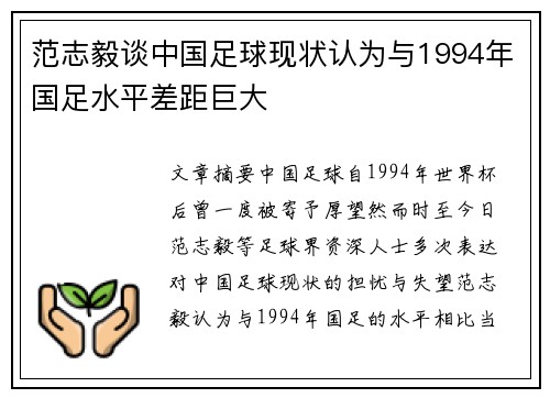 范志毅谈中国足球现状认为与1994年国足水平差距巨大