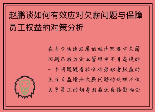 赵鹏谈如何有效应对欠薪问题与保障员工权益的对策分析 赵鹏谈如何有效应对欠薪问题与保障员工权益的对策分析
